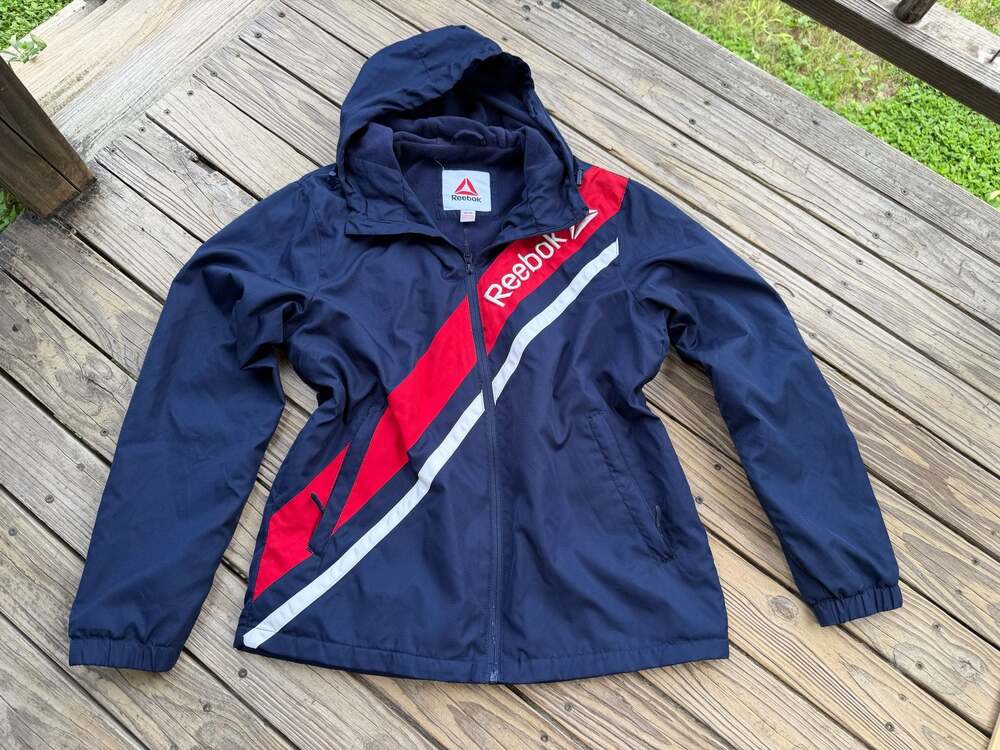 Reebok Men's Navy Blue Fleece Lined Windbreaker Jacket with Diagonal Logo